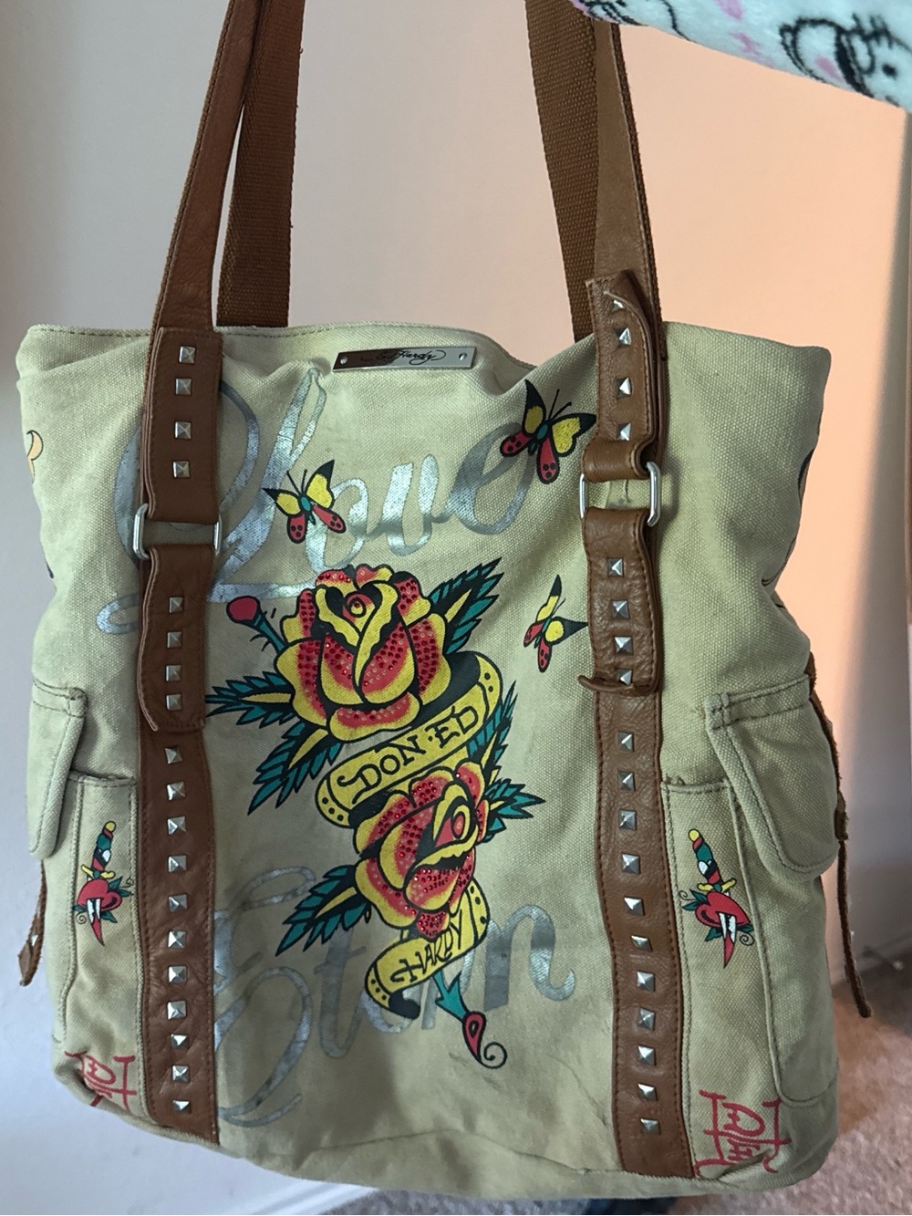 Ed Hardy Floral Embroidered Canvas Tote in Light Green with Brown Straps - Picture 2 of 3
